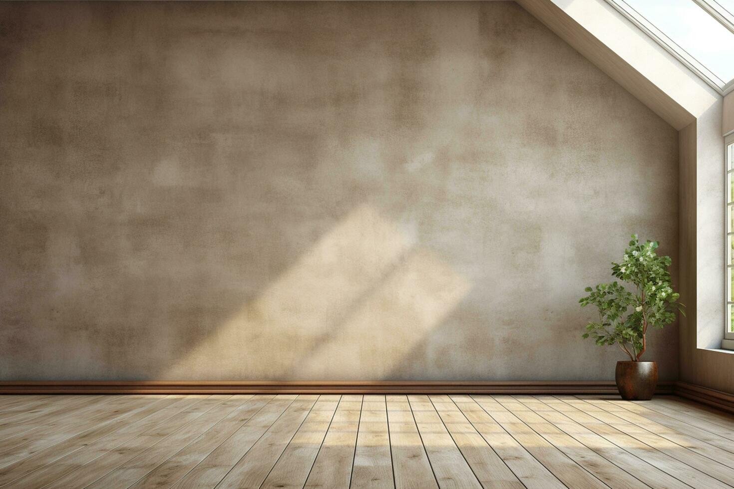 esvaziar quarto interior com concreto paredes, de madeira chão com luz a partir de janela. generativo ai. foto