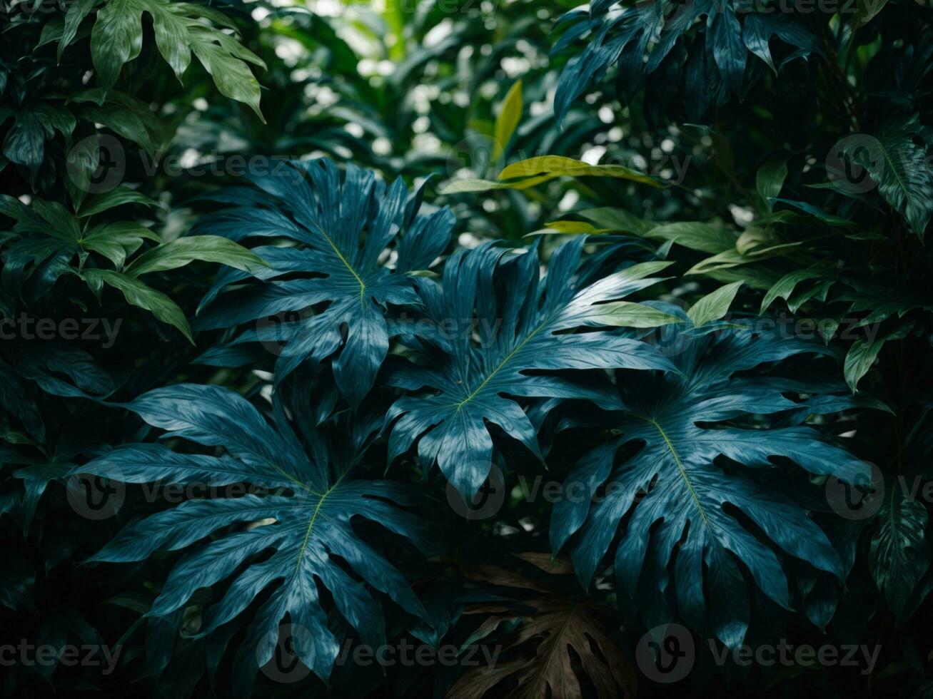 coleção do tropical folhas, folhagem plantar dentro azul cor com espaço fundo. ai gerado foto