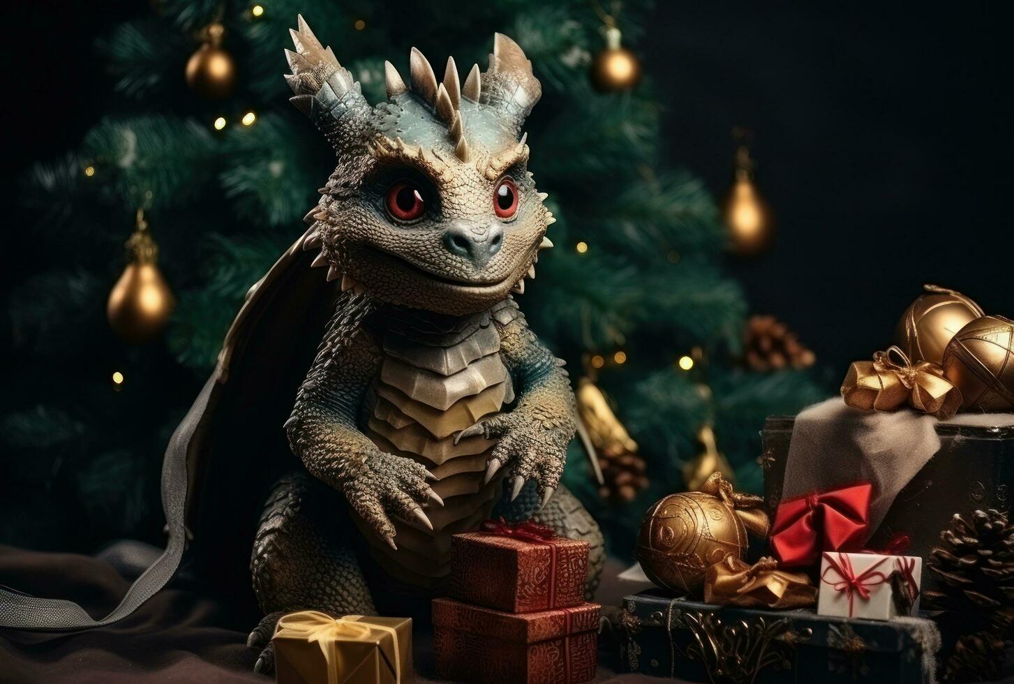 Dragão estão sentado em a Novo ano árvore, segurando pequeno decorado presentes dentro seus patas foto