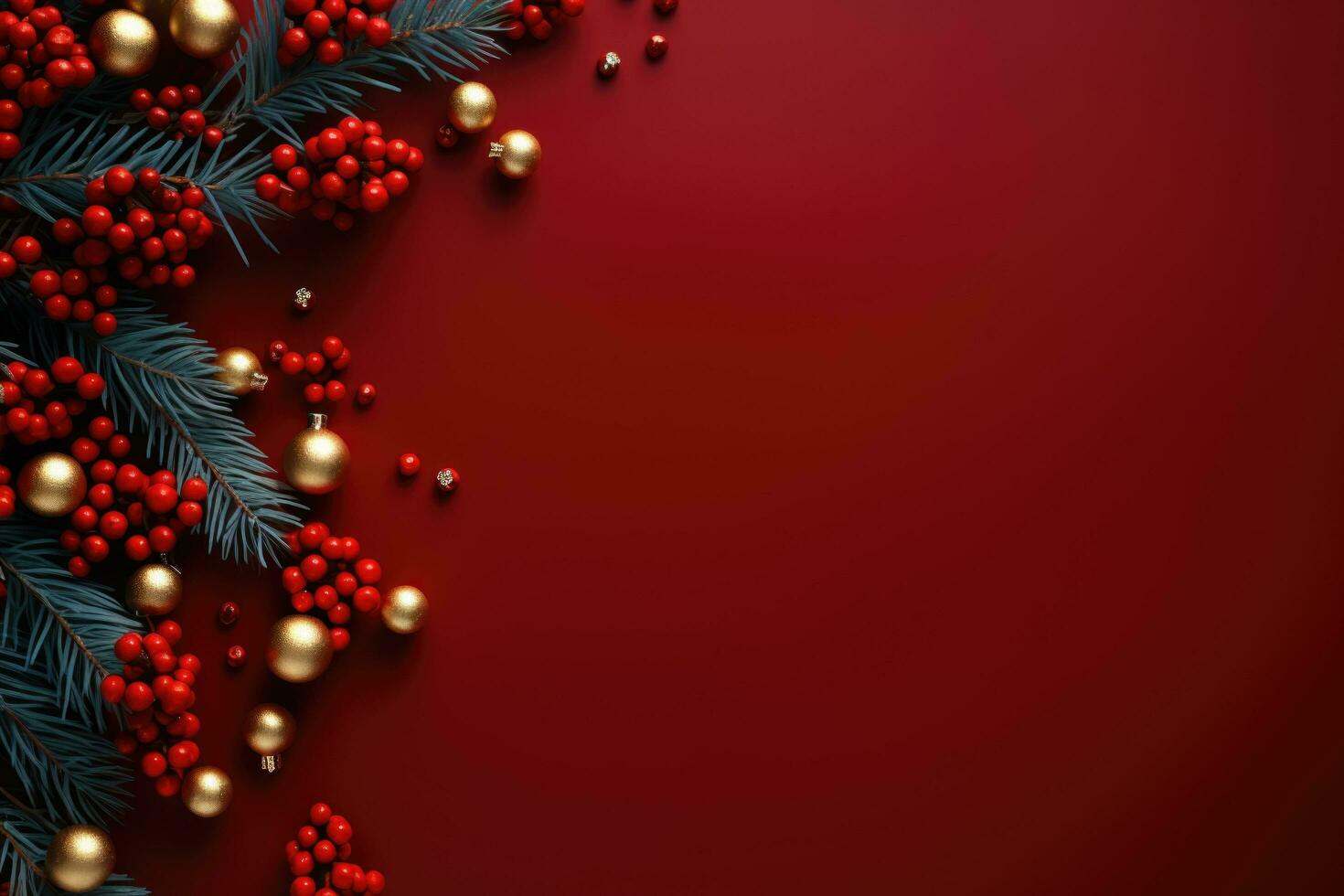 vermelho Natal fundo com abeto galhos, dourado brinquedos e decorações . foto