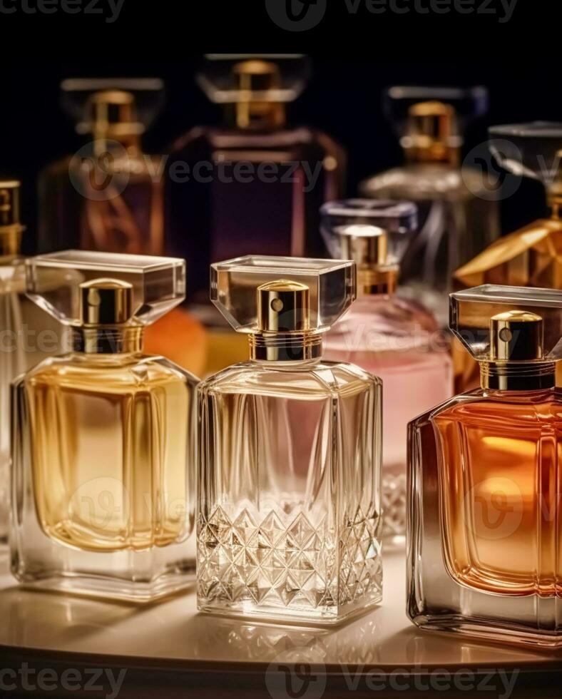 luxo fragrância garrafas às perfume odor às apresentação evento, sob medida perfumaria e beleza produtos oferta, generativo ai foto