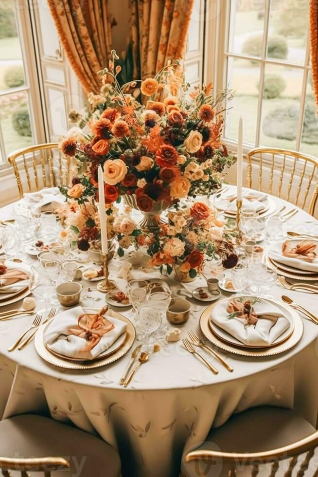 outono mesa escapar, outonal jantar mesa contexto, feriado paisagem de mesa para casamento, aniversário ou festa evento celebração, generativo ai foto