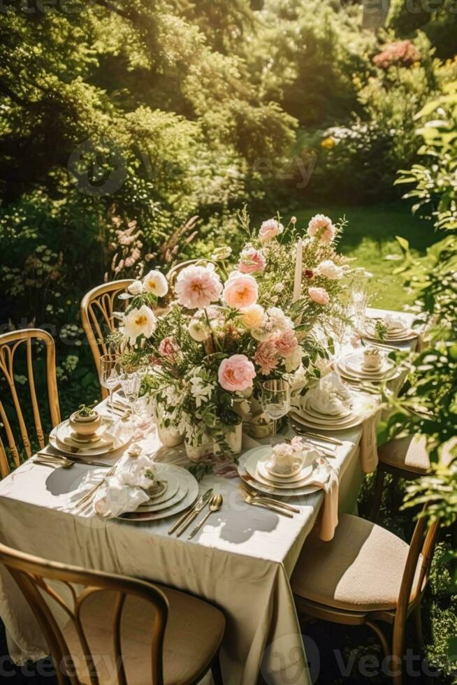 feriado paisagem de mesa, formal jantar mesa contexto, peônia flores mesa escapar com peônias decoração para Casamento festa e evento celebração, generativo ai foto