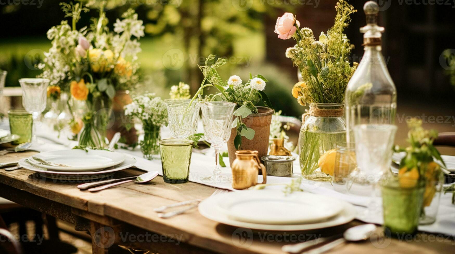 mesa decoração, feriado paisagem de mesa e jantar mesa configuração dentro campo jardim, formal evento decoração para casamento, família celebração, Inglês país e casa estilo foto