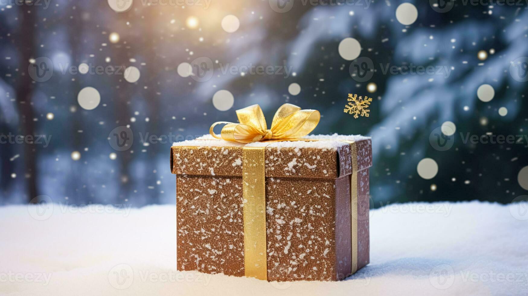 Natal feriado presente e presente, presente caixa dentro a neve dentro queda de neve inverno campo natureza para boxe dia, feriados compras venda foto