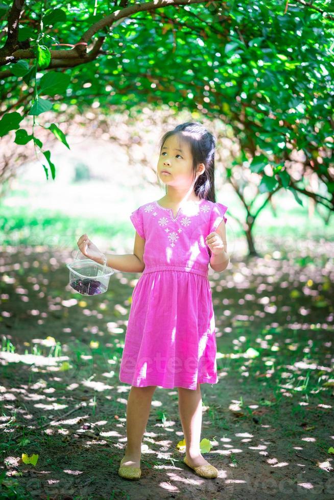 menina asiática olhando a amoreira no jardim foto