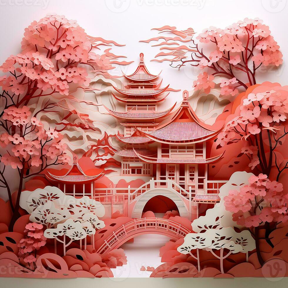 papel cortar estilo, japonês jardim com cereja flores. decoração com belas florescendo cereja árvores, sakura e japonês pagodes foto