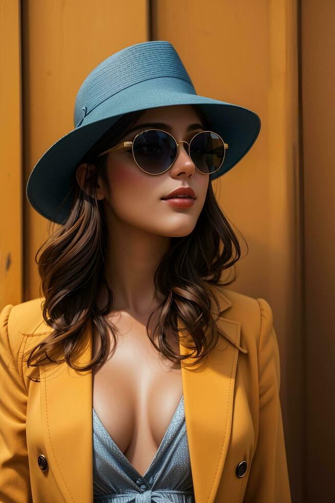 mulher dentro moderno roupas com oculos de sol de ai generativo foto