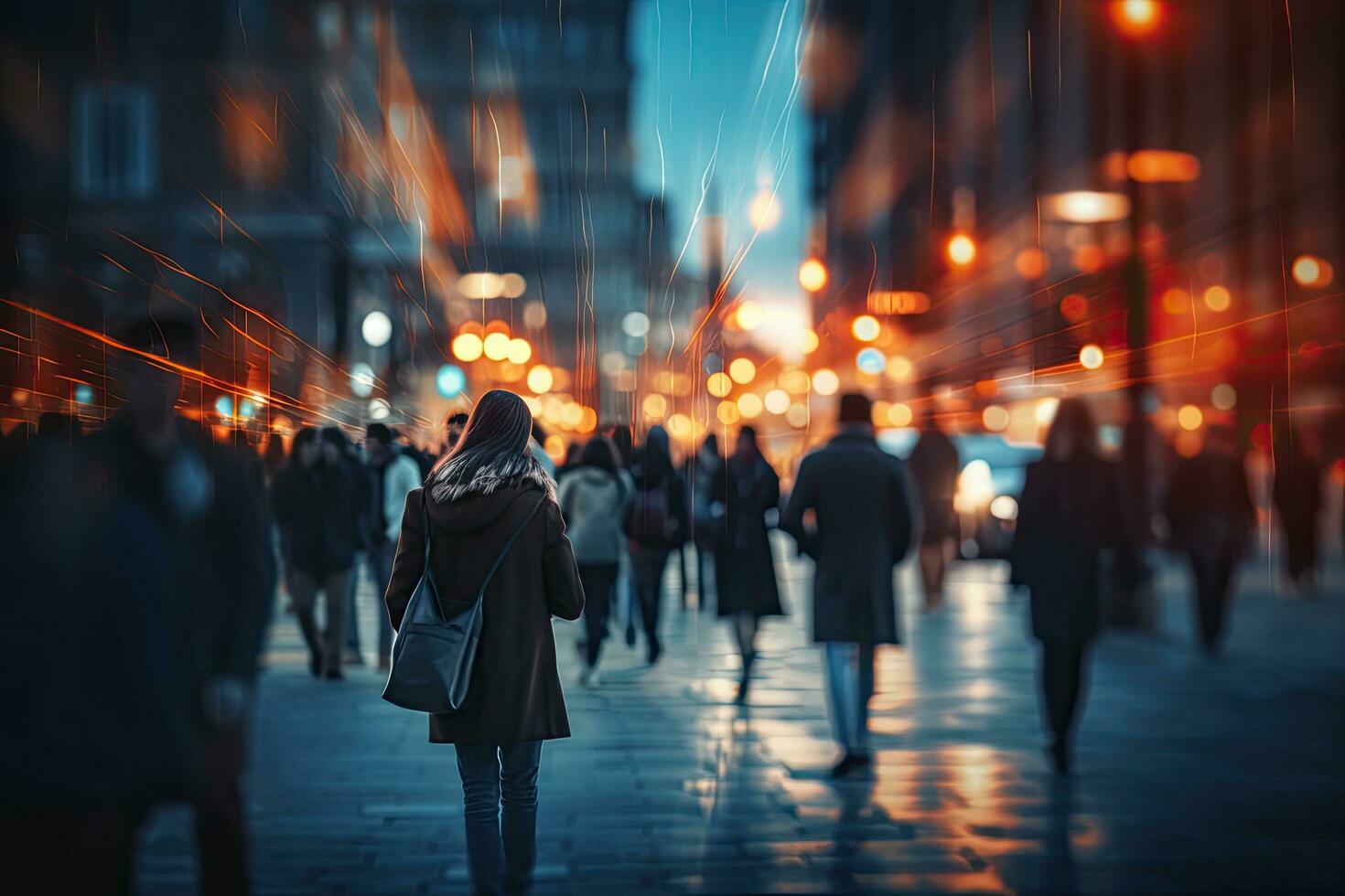 mulher caminhando em a rua às noite dentro a cidade. borrado fundo, multidão do pessoas caminhando dentro a cidade às noite. borrado fundo, ai gerado foto