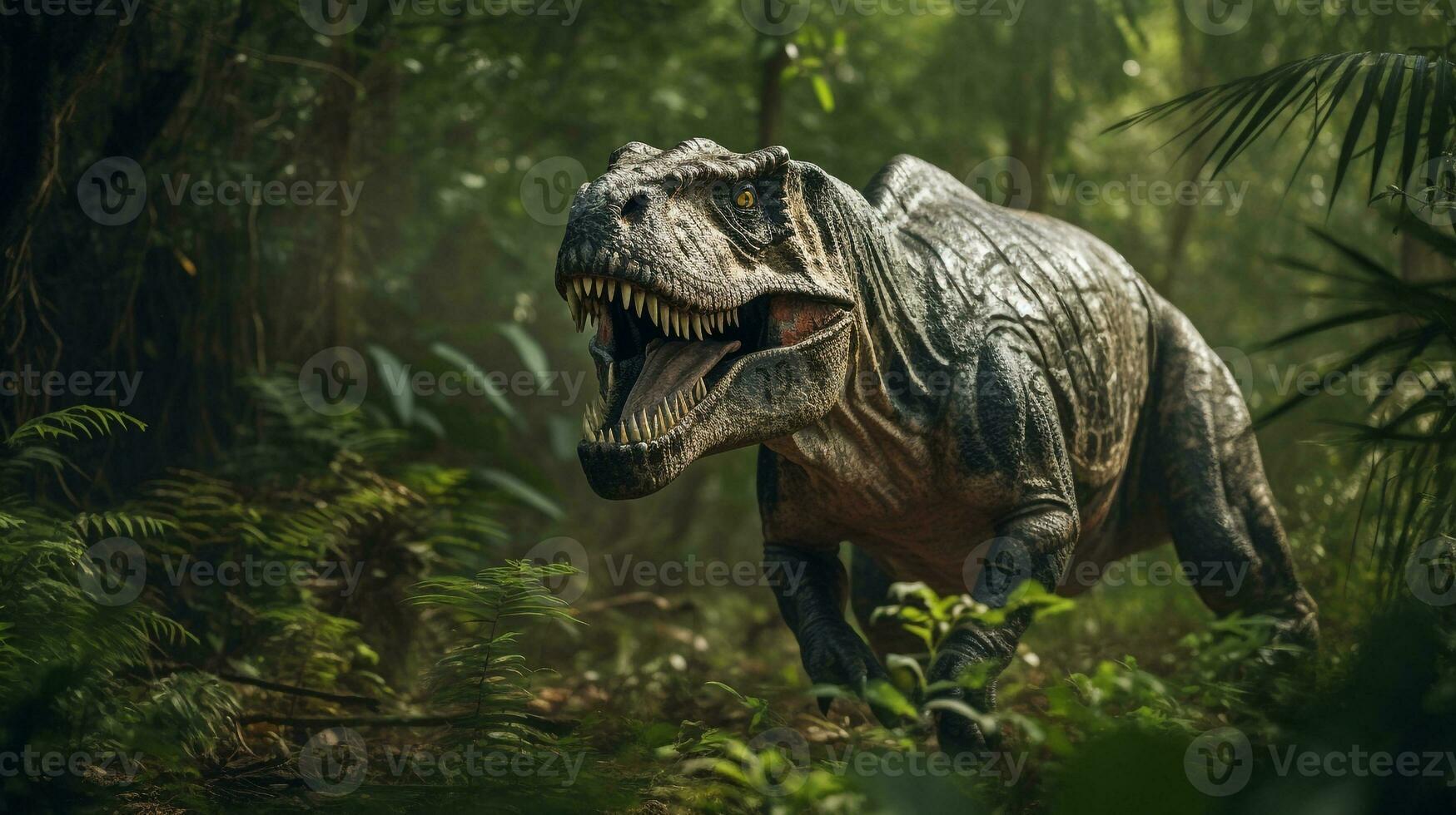 foto do tiranossauro rex rex dentro a selva. generativo ai