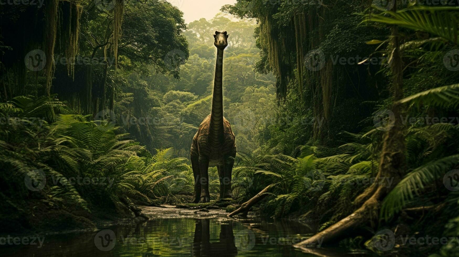 foto do braquiossauro rex dentro a selva. generativo ai