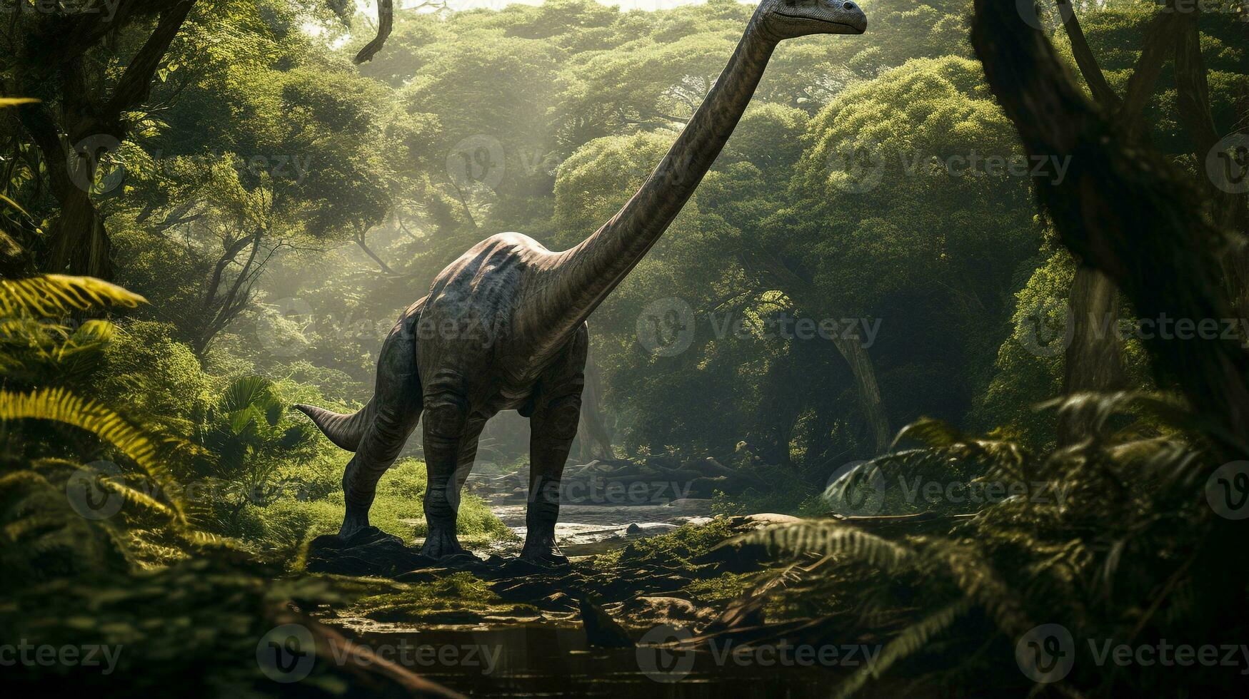 foto do braquiossauro rex dentro a selva. generativo ai