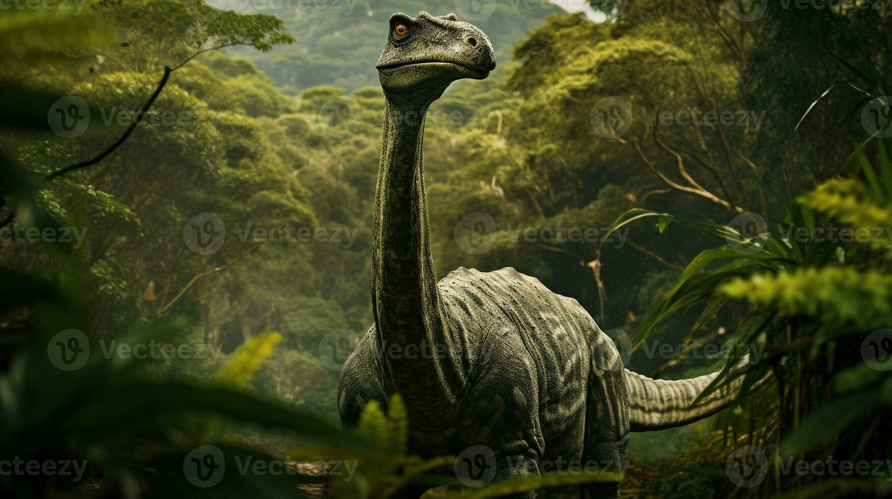foto do braquiossauro rex dentro a selva. generativo ai