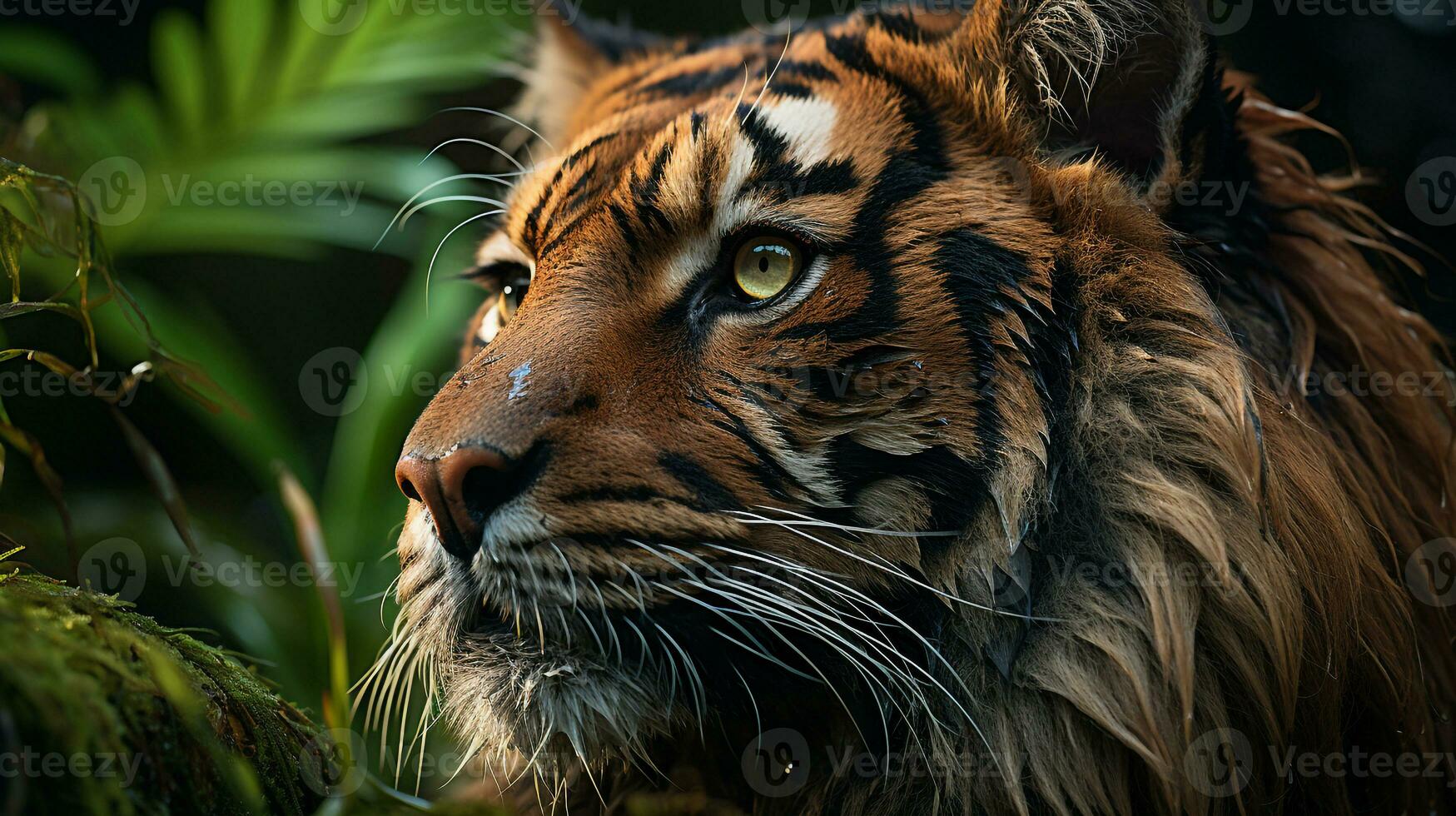fechar-se foto do uma tigre olhando qualquer direção em selva. generativo ai