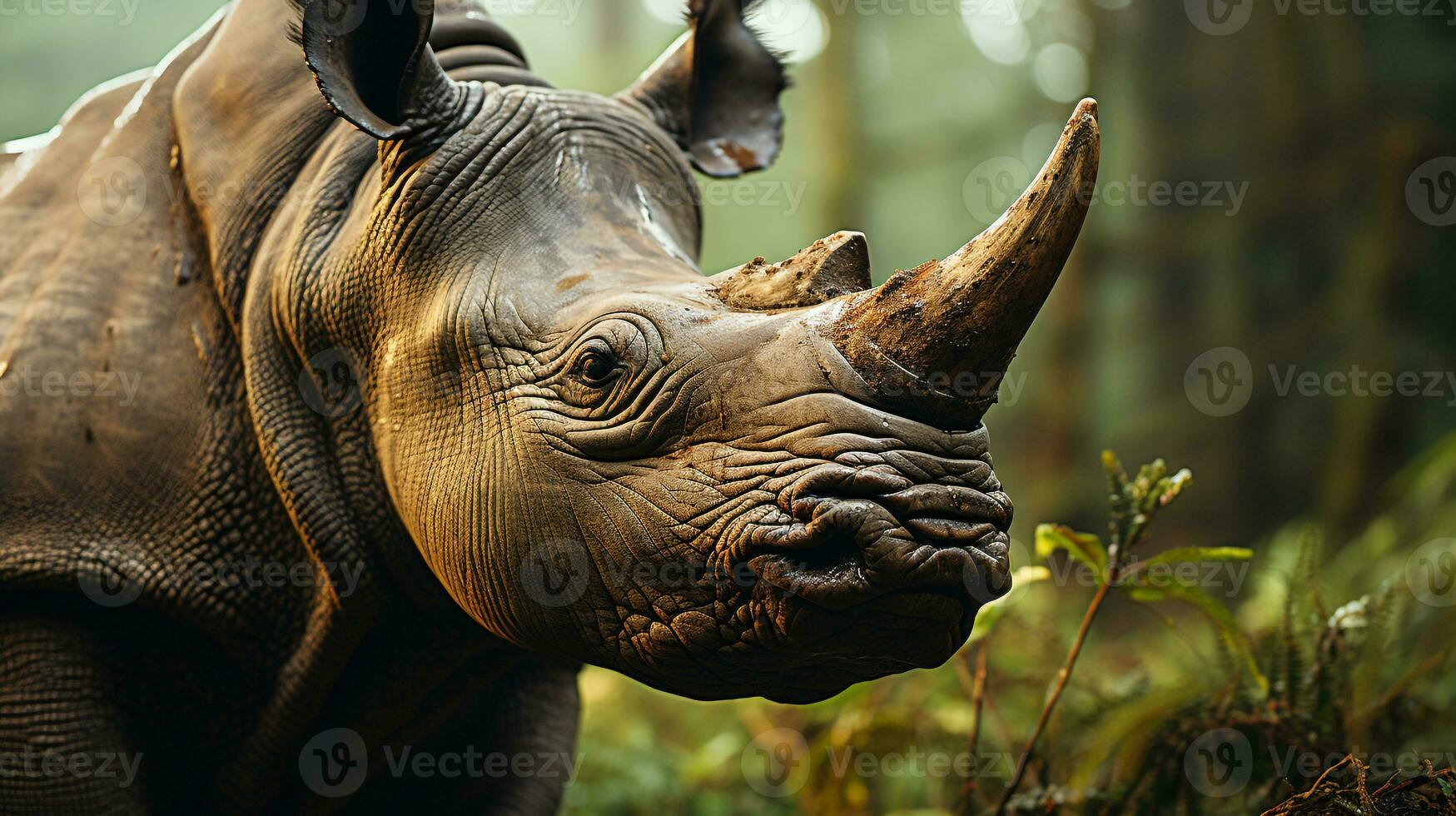 fechar-se foto do uma rinoceronte olhando qualquer direção em selva. generativo ai