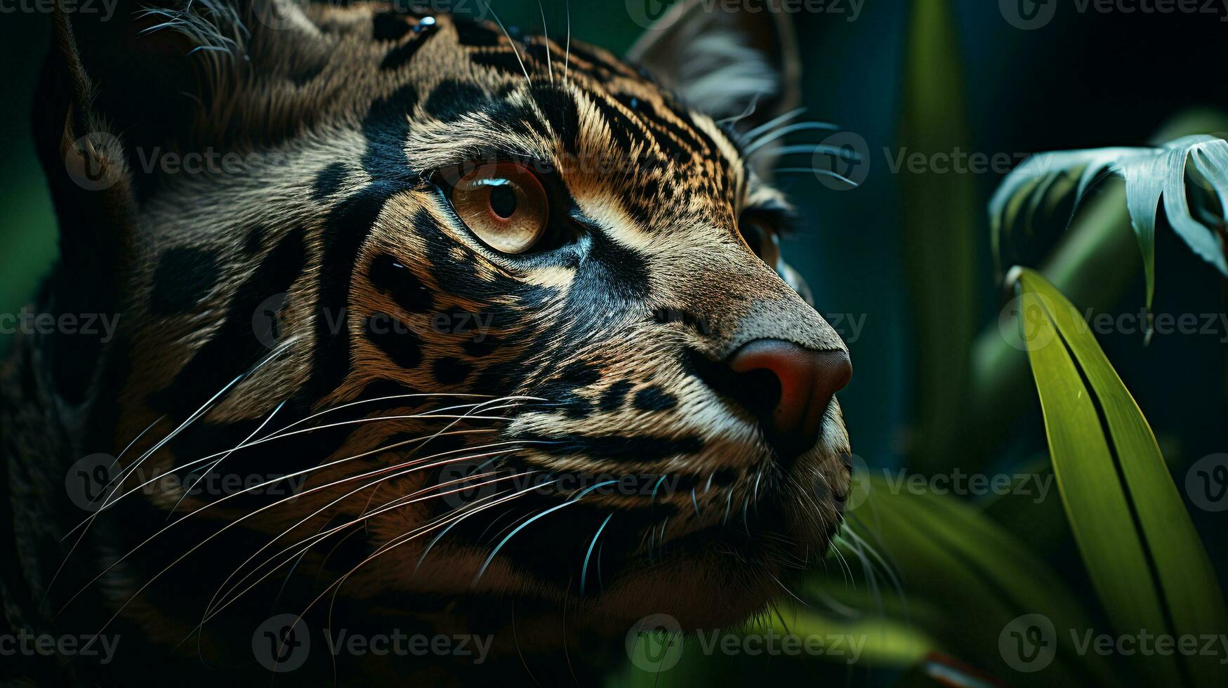 fechar-se foto do uma Jaguatirica olhando qualquer direção em selva. generativo ai