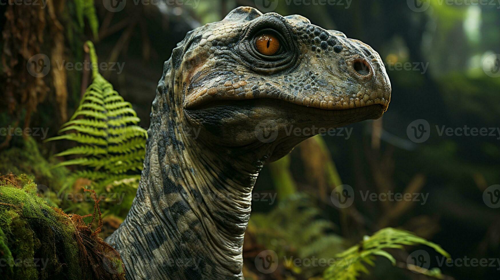 fechar-se foto do uma brontossauro olhando dentro seus habitat. generativo ai