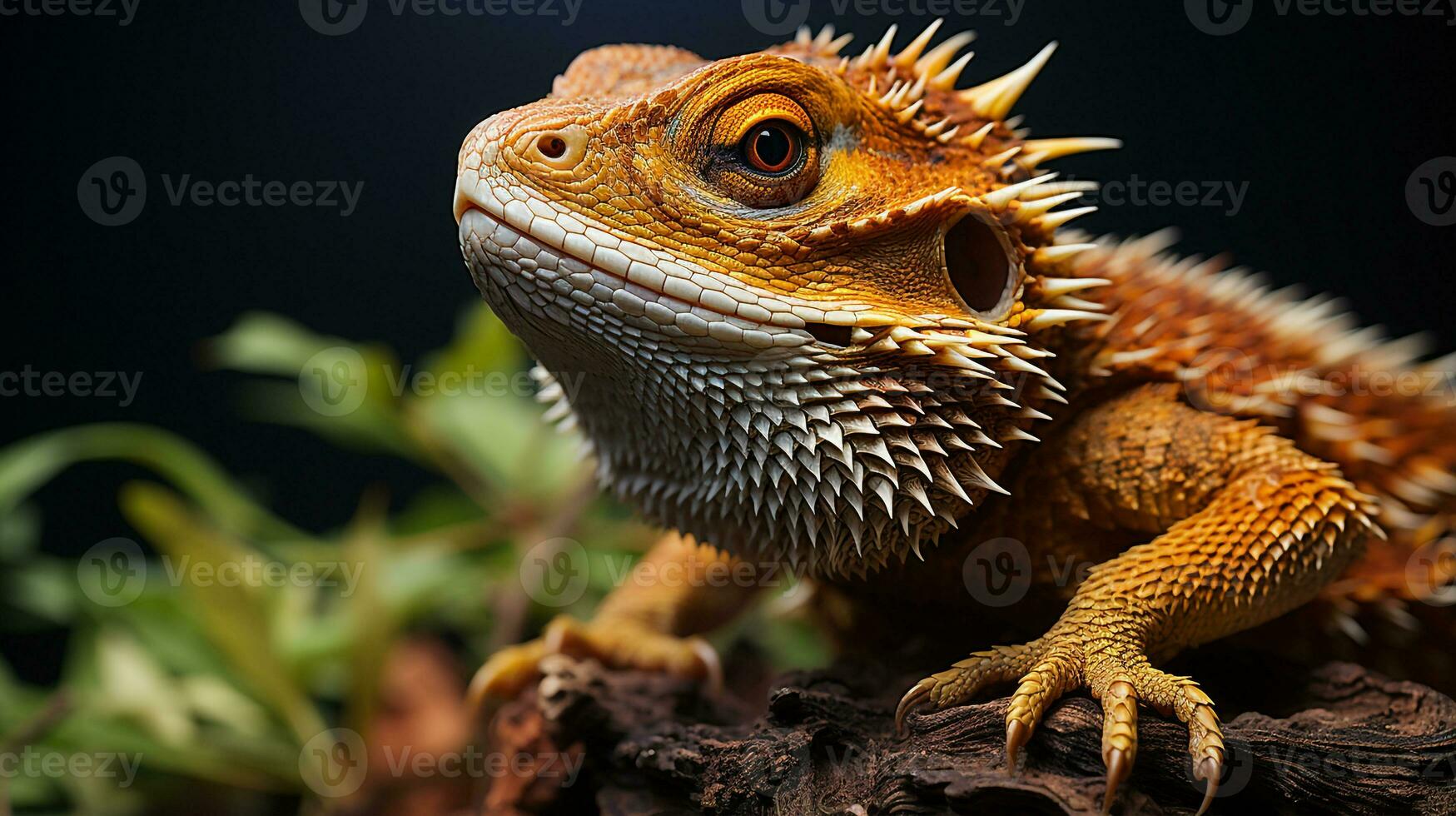 fechar-se foto do uma barbudo Dragão olhando dentro seus habitat. generativo ai