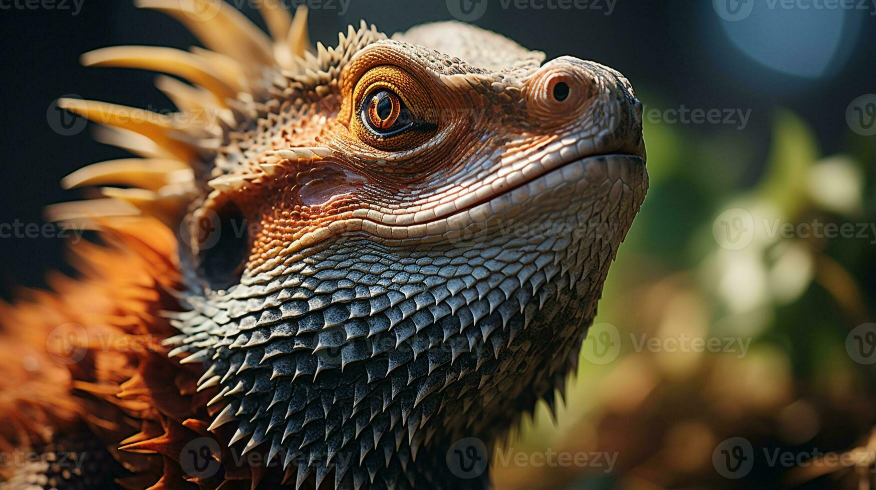 fechar-se foto do uma barbudo Dragão olhando dentro seus habitat. generativo ai