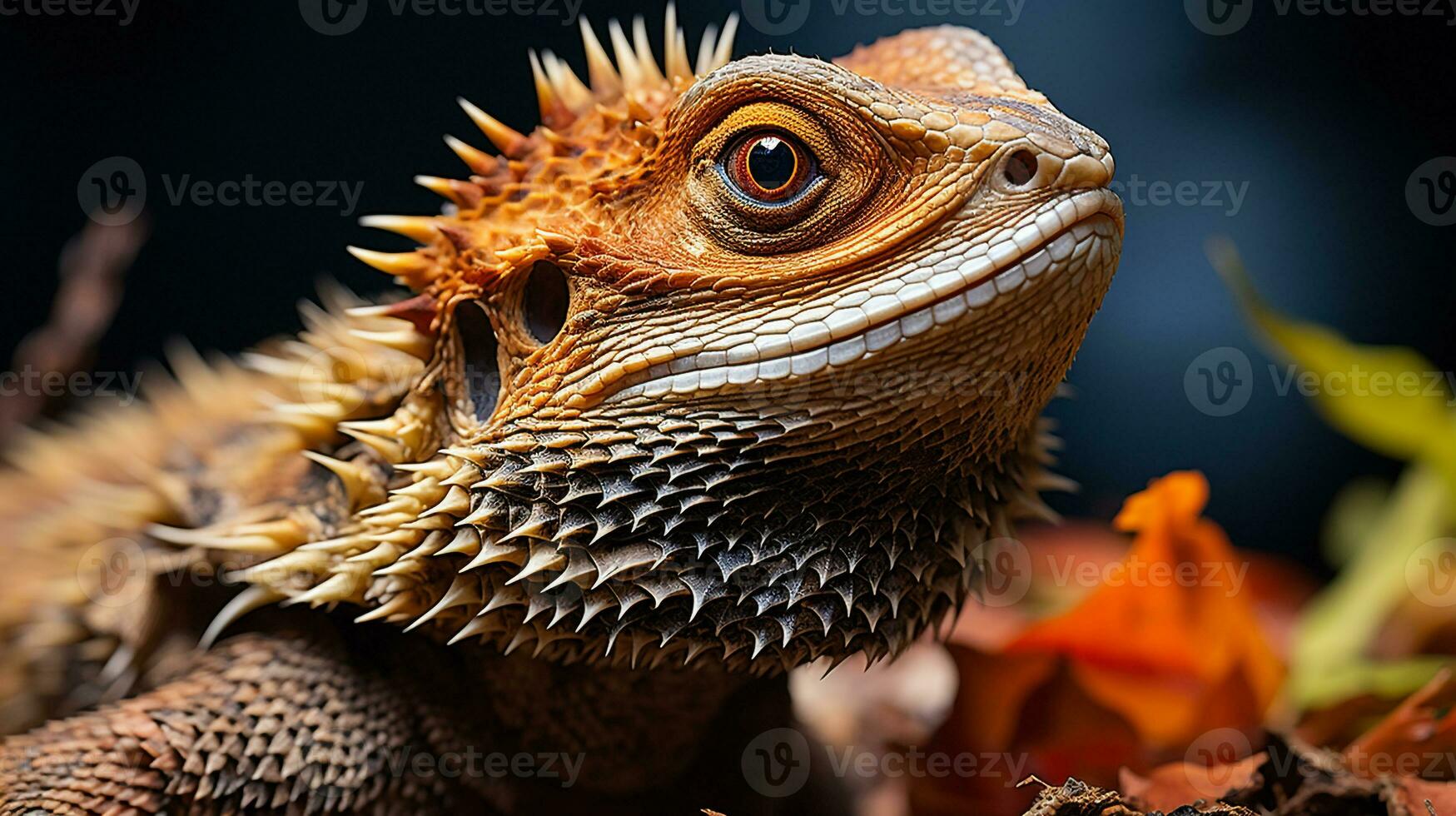 fechar-se foto do uma barbudo Dragão olhando dentro seus habitat. generativo ai