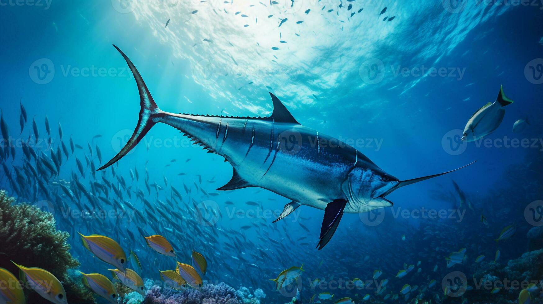 foto do peixe-espada com vários peixe entre saudável coral recifes dentro a azul oceano. generativo ai