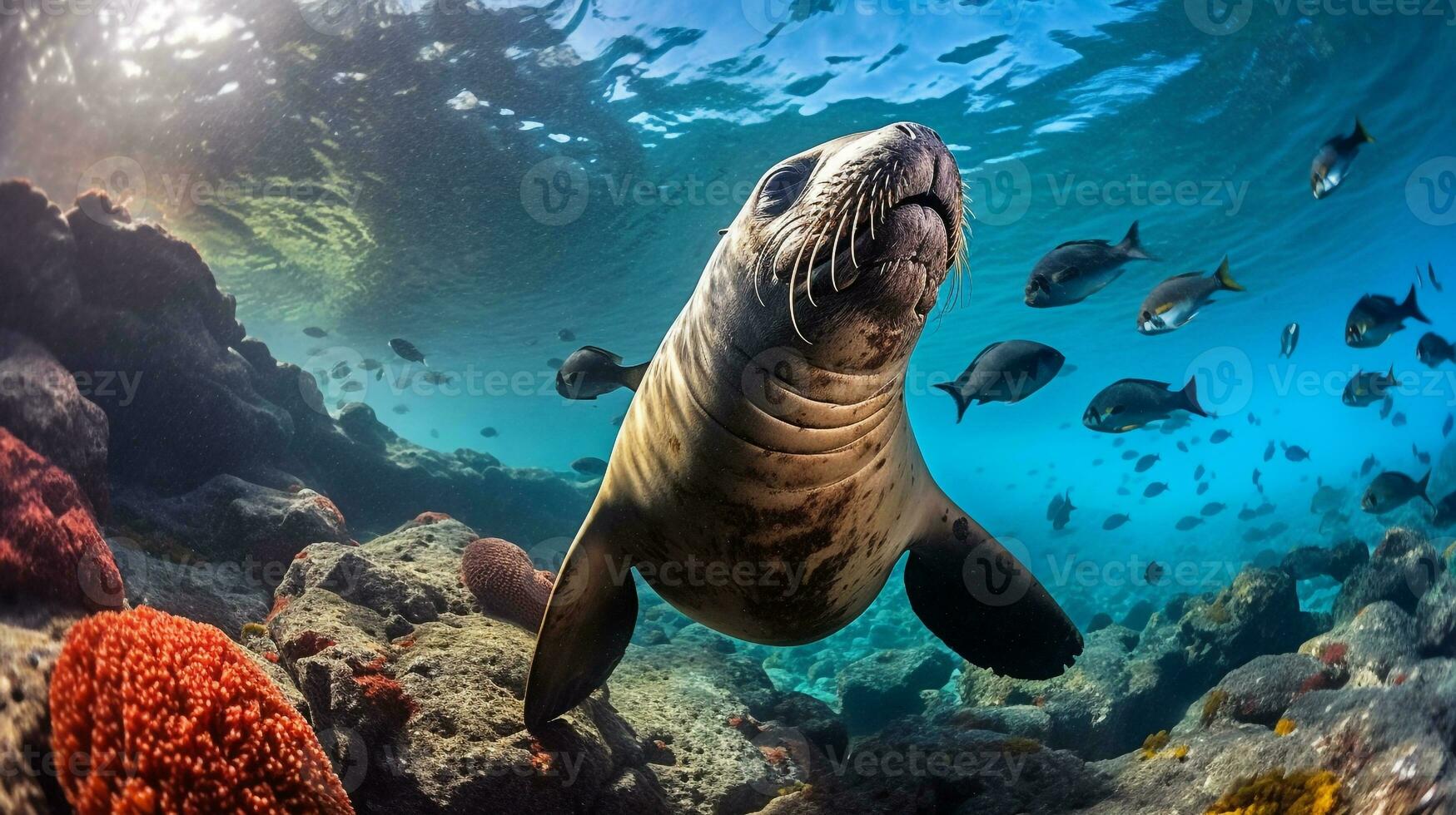 foto do mar leão com vários peixe entre saudável coral recifes dentro a azul oceano. generativo ai