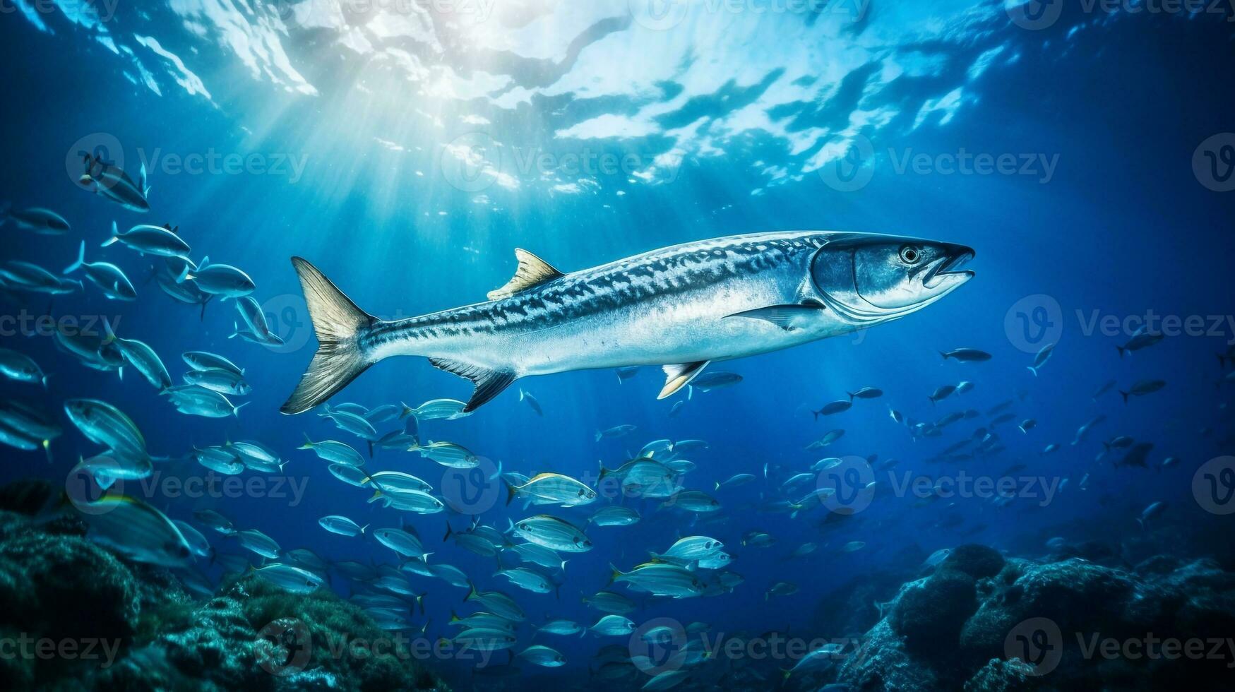 foto do barracuda com vários peixe entre saudável coral recifes dentro a azul oceano. generativo ai