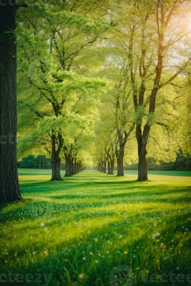 Primavera natureza. lindo panorama. verde Relva e árvores ai gerado foto