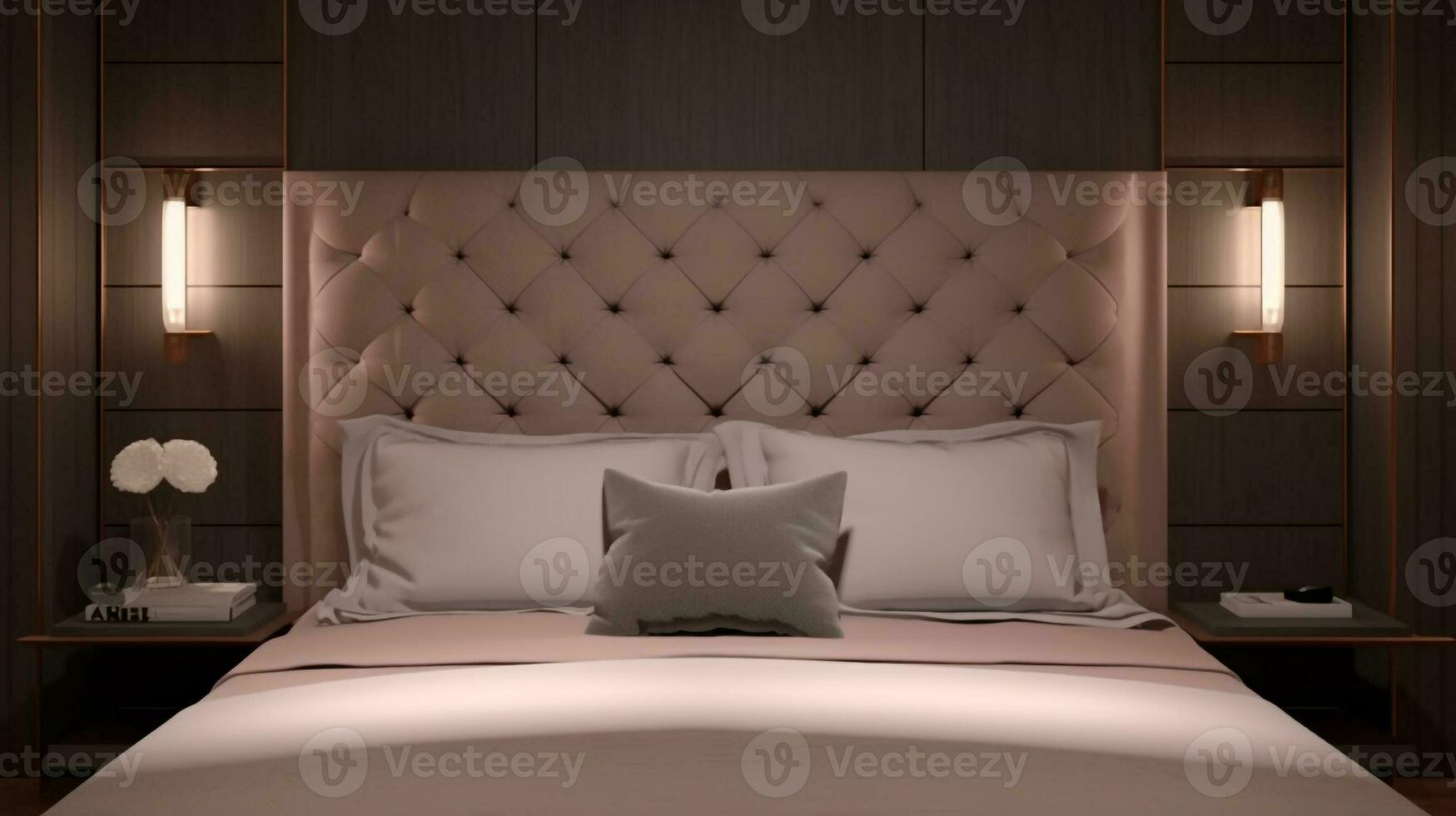 romântico retiro acolhedor quarto com king-size adornado cama e suave iluminação, generativo ai foto