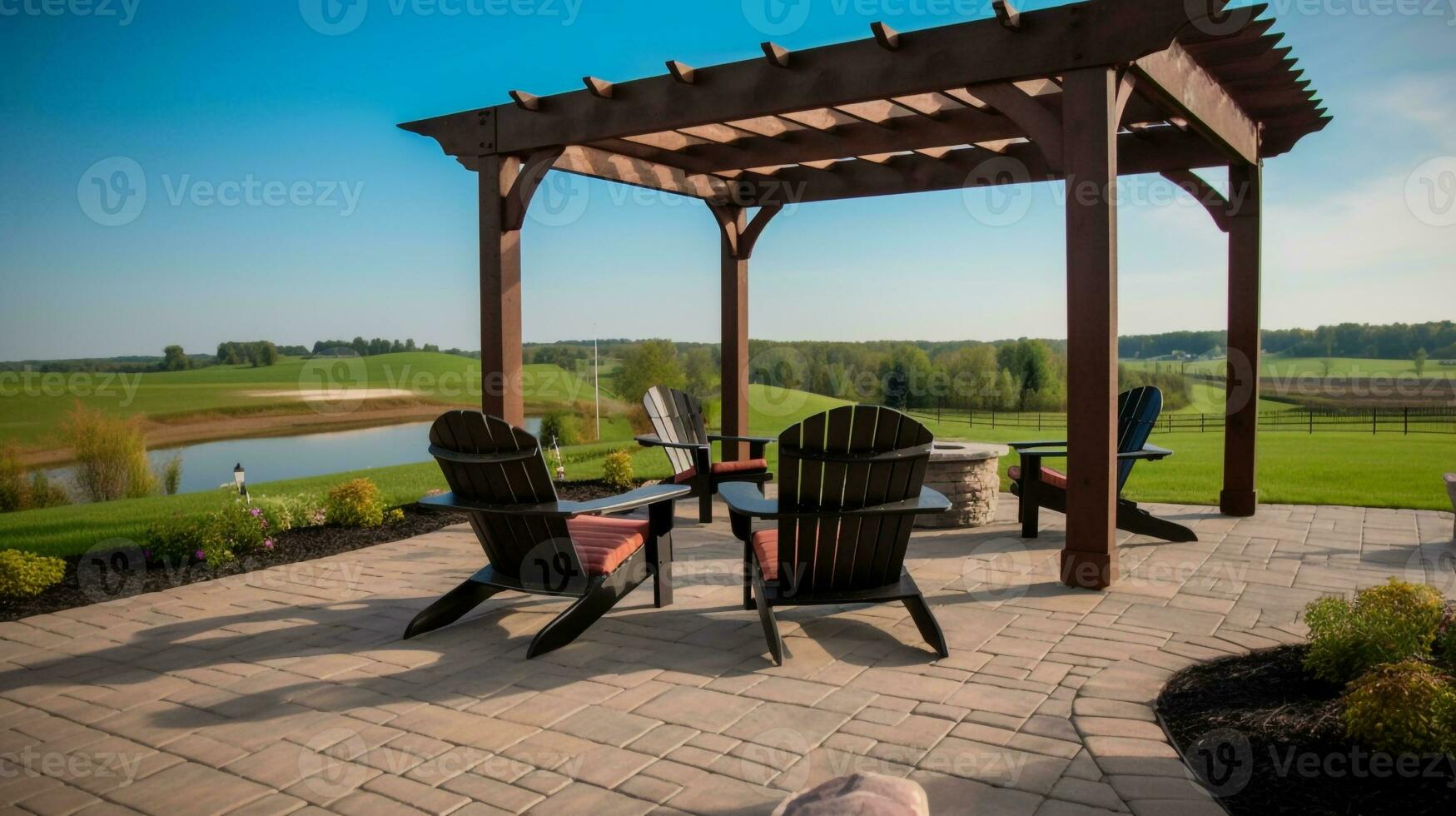 relaxante retiro acolhedor quintal com fogo Cova e pérgola assento, generativo ai foto