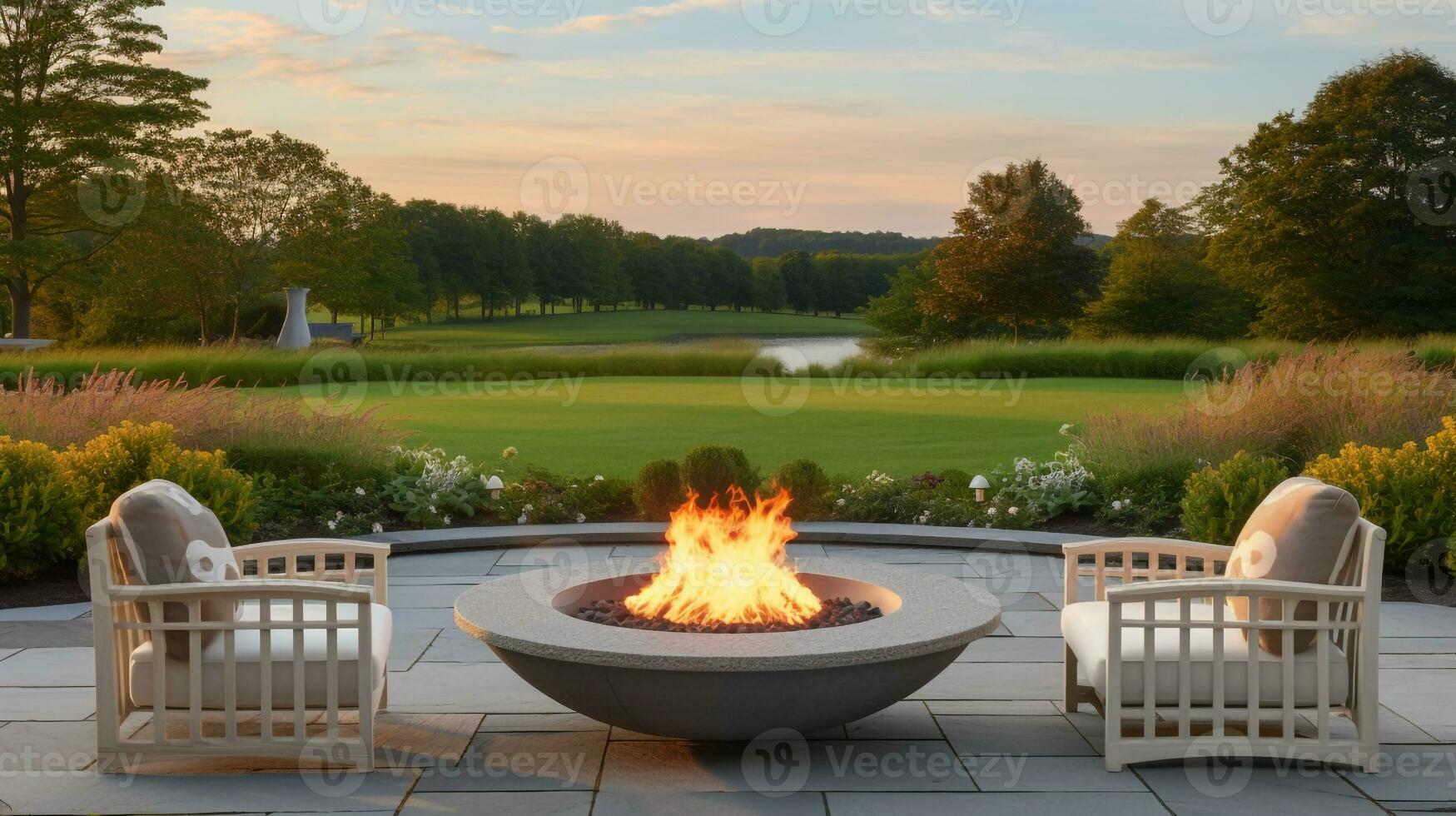 relaxante retiro acolhedor quintal com fogo Cova e pérgola assento, generativo ai foto