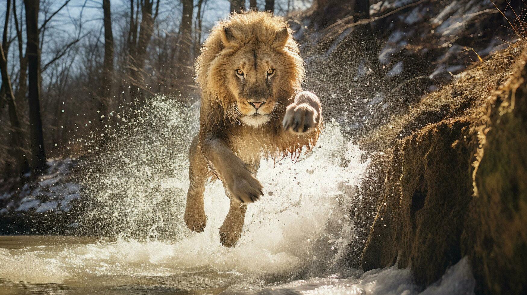 salto do majestade leão subindo sobre uma fluxo, ai generativo foto