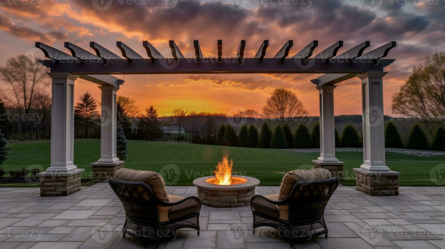 relaxante retiro acolhedor quintal com fogo Cova e pérgola assento, generativo ai foto