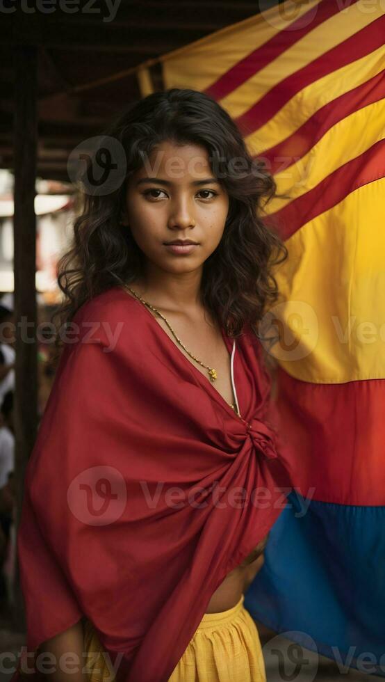 uma lindo menina é segurando a bandeira do Colômbia. foto