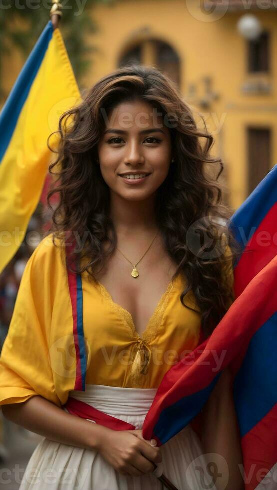 uma lindo menina é segurando a bandeira do Colômbia. foto