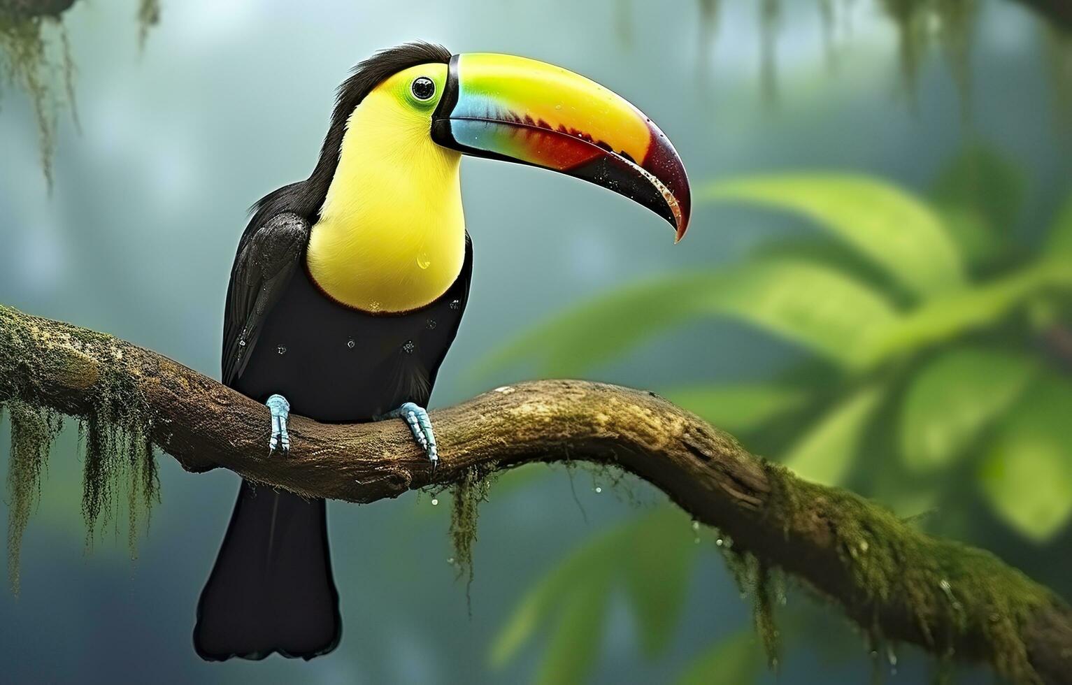 castanha mandíbula tucano sentado em a ramo dentro tropical chuva com uma verde selva. generativo ai foto