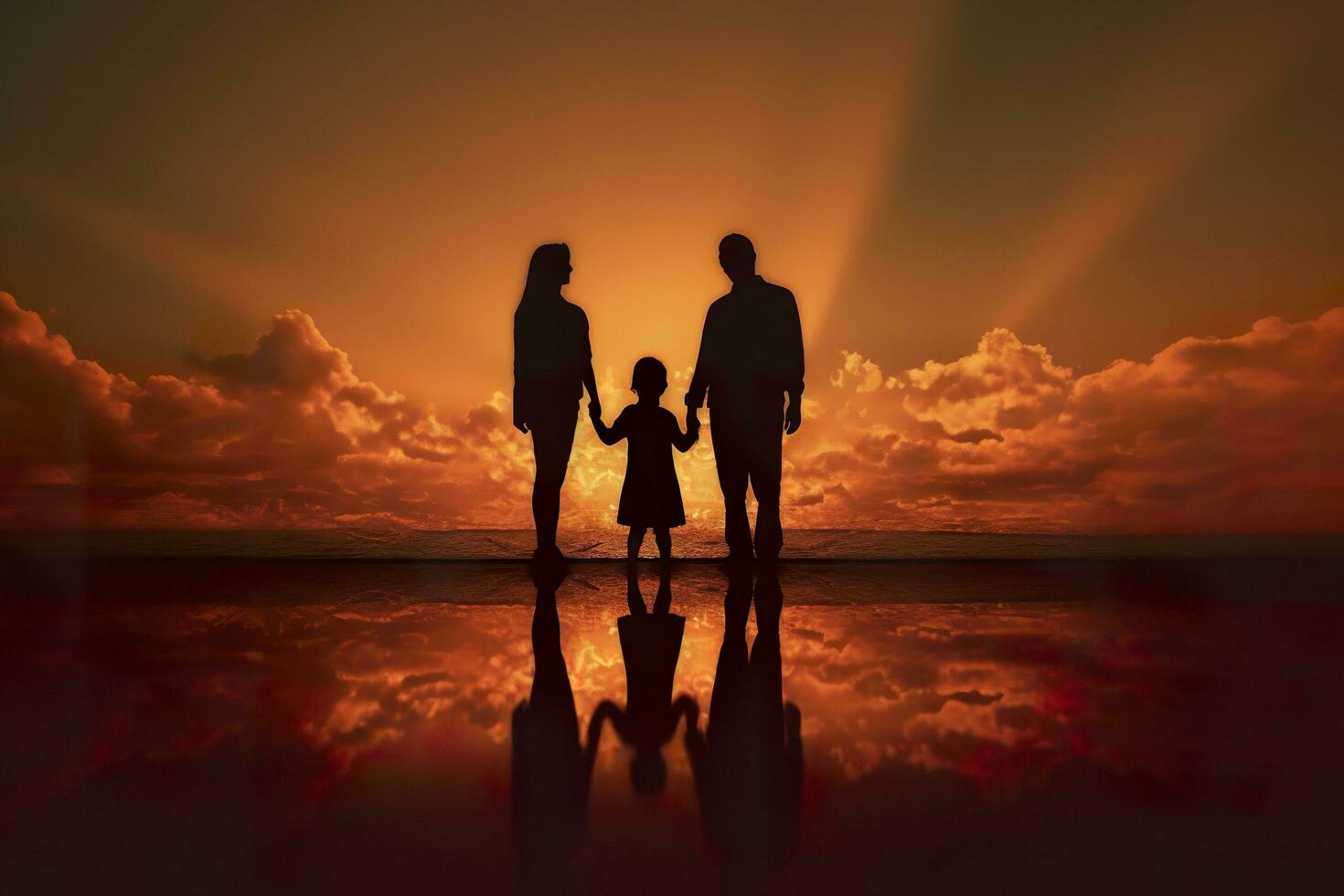 sombra do feliz família junto, pais com seus pequeno bebê às pôr do sol. uma silhueta do amor e unidade. ai generativo foto
