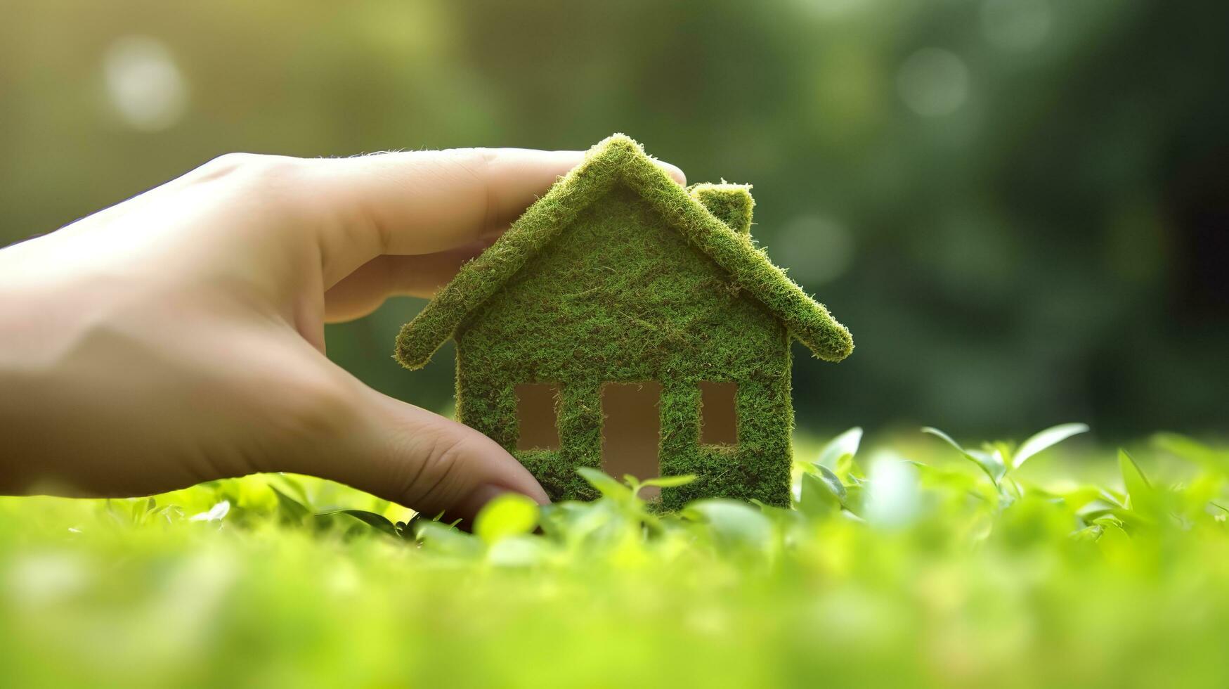 mão segurando eco casa ícone. uma símbolo do esperança para a futuro. ai generativo foto