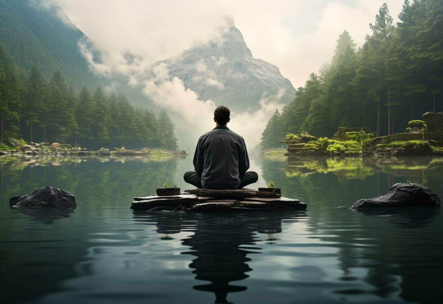 ai generativo foto do uma homem praticando atenção e meditação dentro uma pacífico natural meio Ambiente sony a7s realista imagem, ultra hd, Alto Projeto muito detalhado