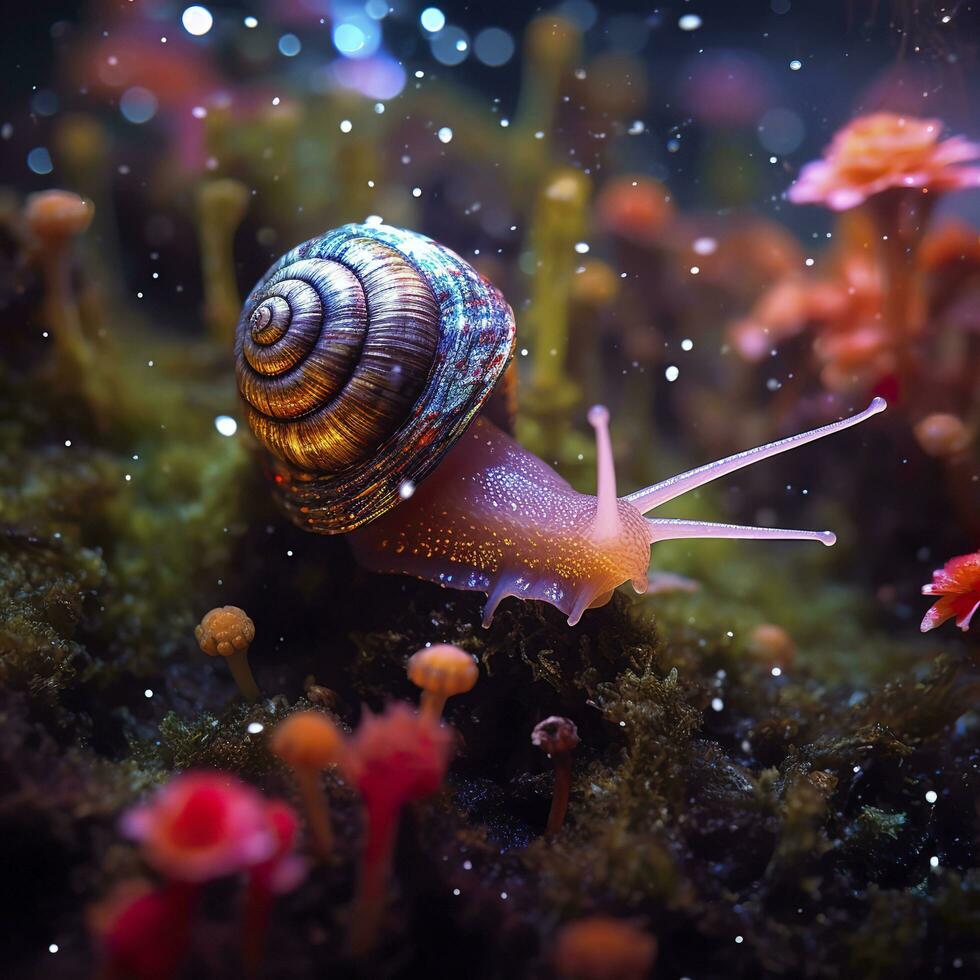 iridescente Caracol dentro uma fada floresta, fechar acima do uma cintilante concha. ai generativo foto