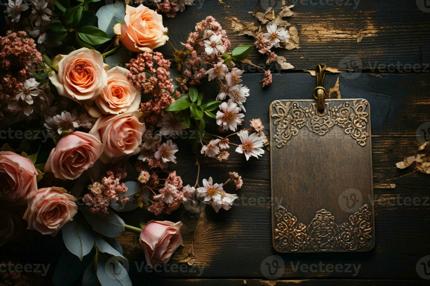 rústico elegância flores emparelhado com uma tag em uma texturizado de madeira pano de fundo ai gerado foto