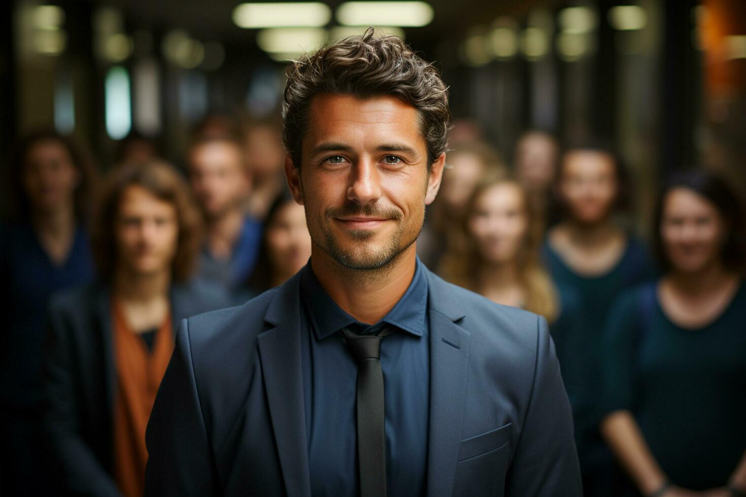 ai generativo grupo do feliz o negócio homem e o negócio mulheres, vestido dentro ternos estão sorridente, dentro a escritório foto