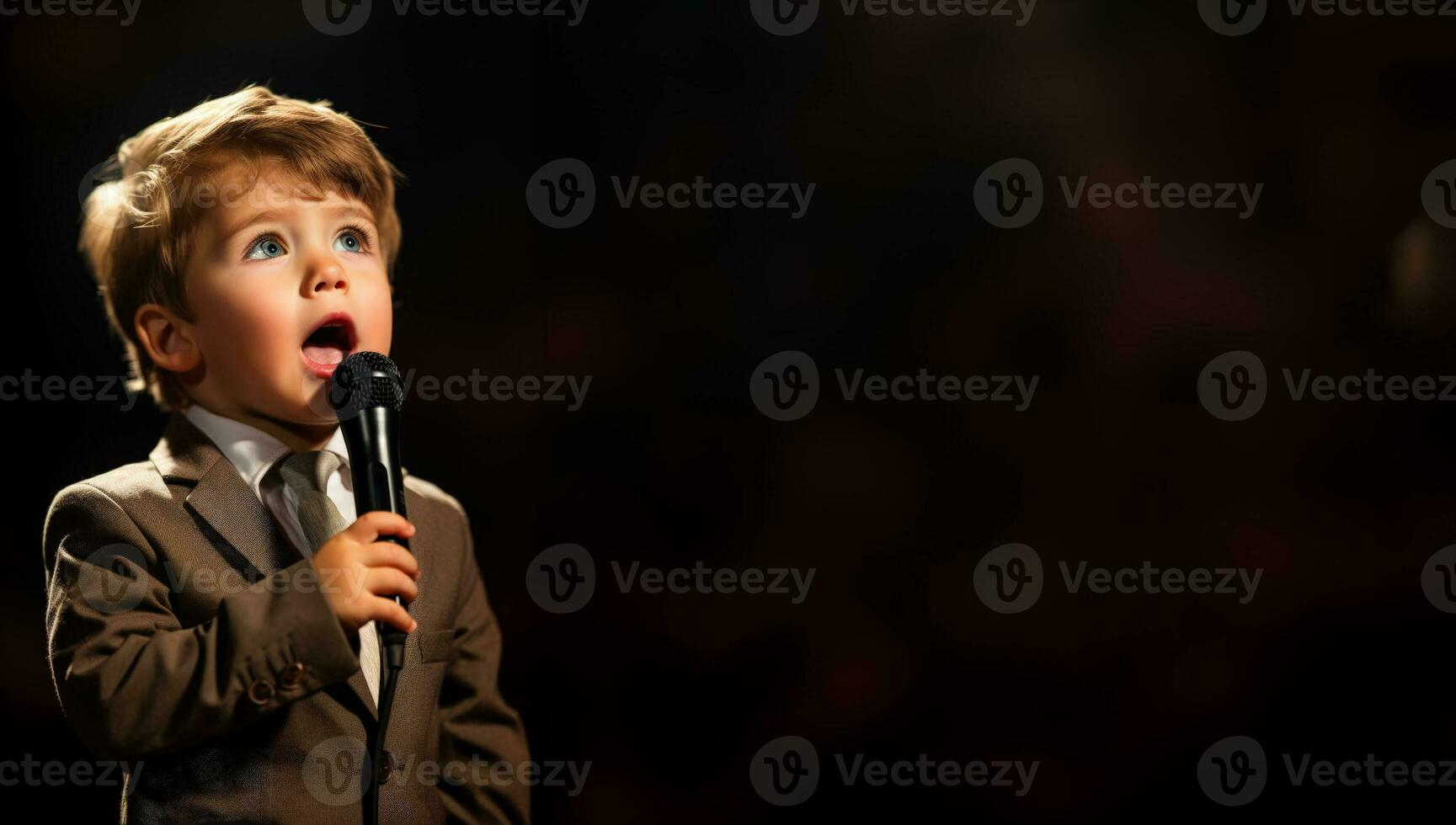 uma criança nervosamente emocionante uma microfone isolado em uma Holofote gradiente fundo foto