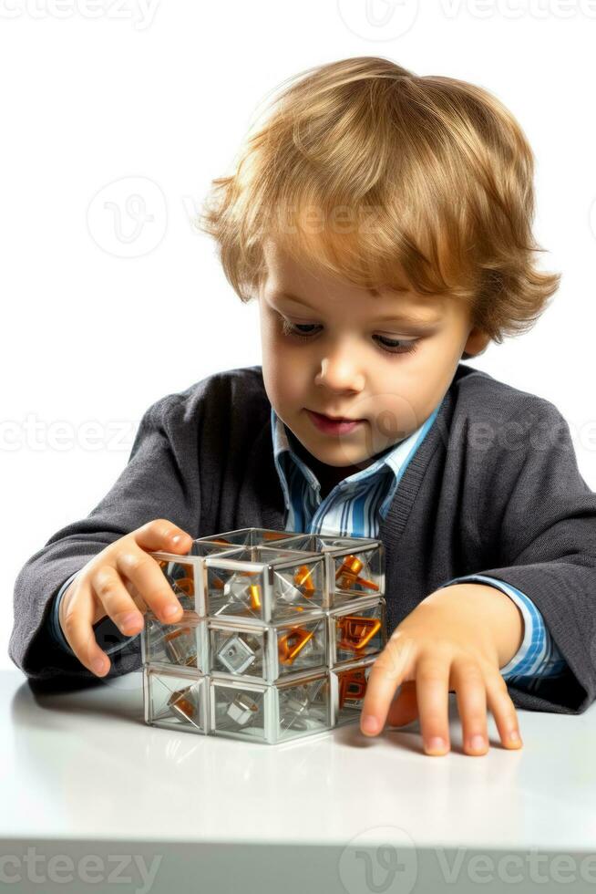 uma intrigado criança examinando uma geometria cubo isolado em uma branco fundo foto