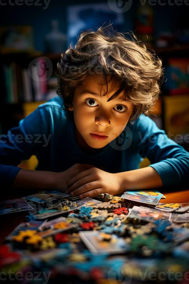 criança face flutua entre confusão e iluminação enquanto estudando educacional quebra-cabeças foto