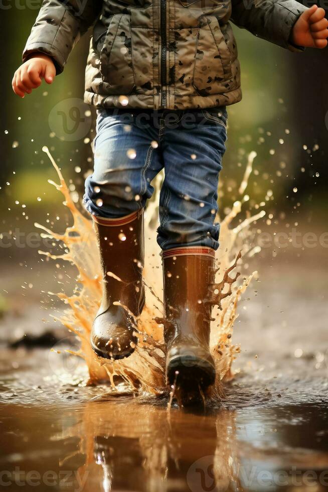 borracha chuteiras chuva poça e uma Diversão estilo de vida dentro poças com pés foto