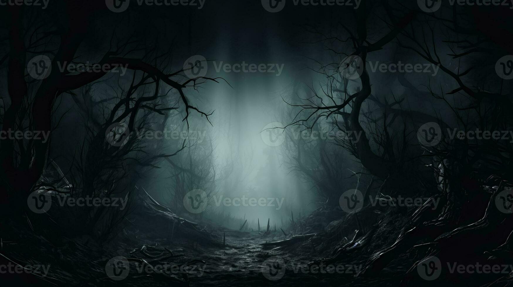 uma enevoado floresta com assustador árvores envolto dentro Trevas fundo com esvaziar espaço para texto foto