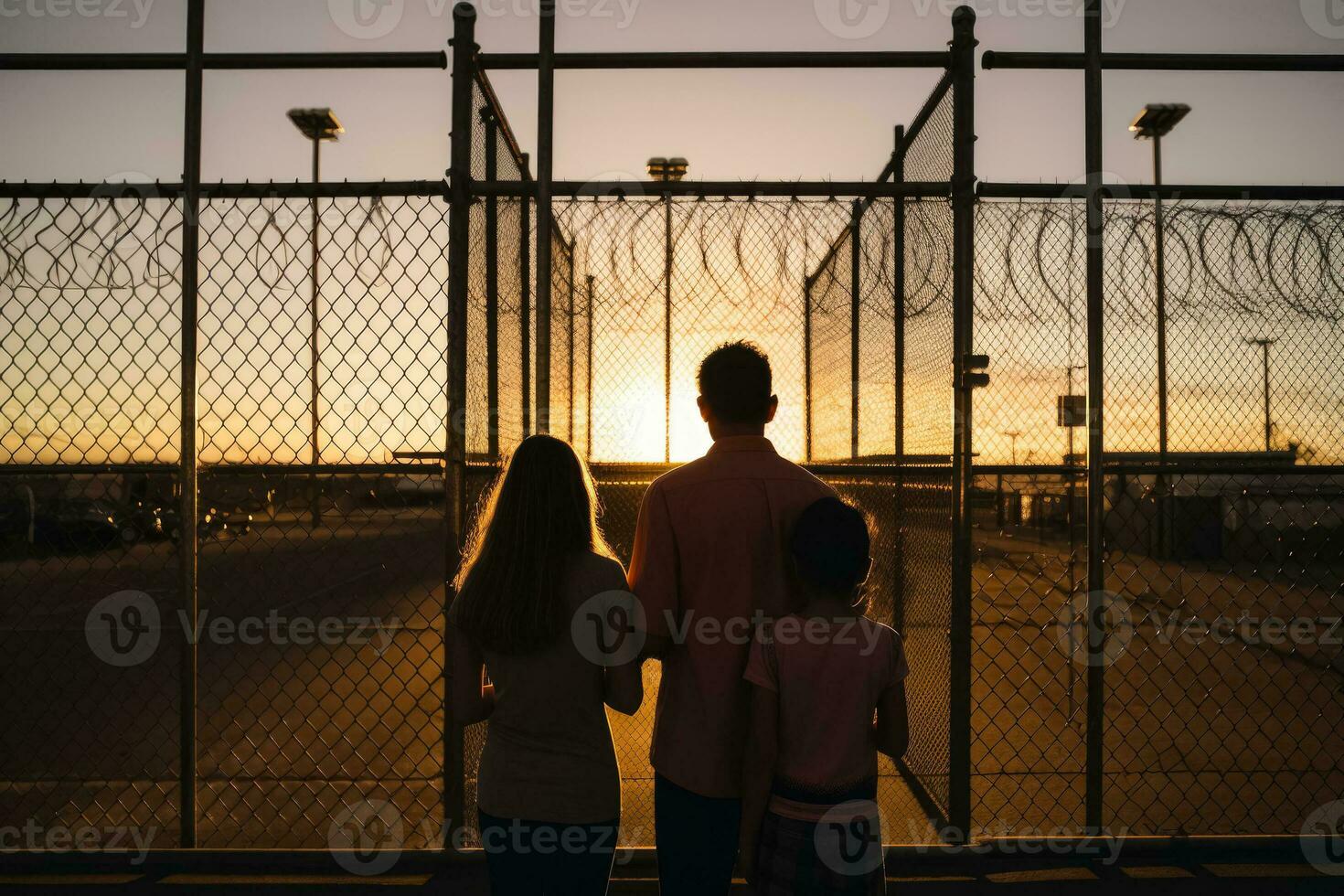 abraçando família às detenção Centro portões sincero fundo com esvaziar espaço para texto foto