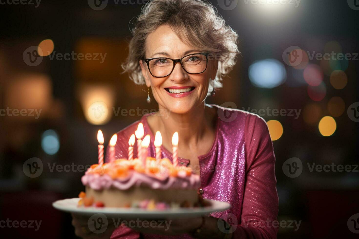 uma mulher segurando uma aniversário bolo com de várias velas em bokeh estilo fundo foto