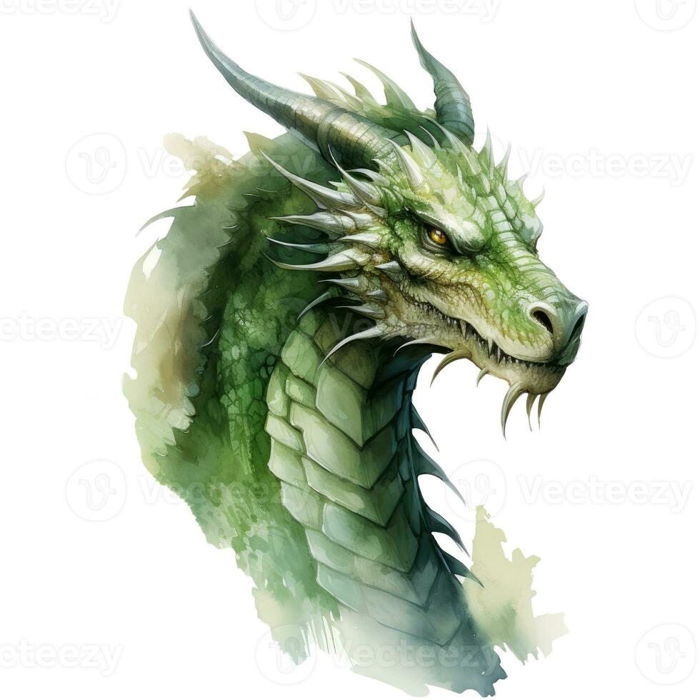 verde Dragão aguarela ilustração. fantasia personagem isolado em branco fundo. modelo para cartões, cartazes, adesivos, sublimação. moderno arte dentro aguarela estilo. foto